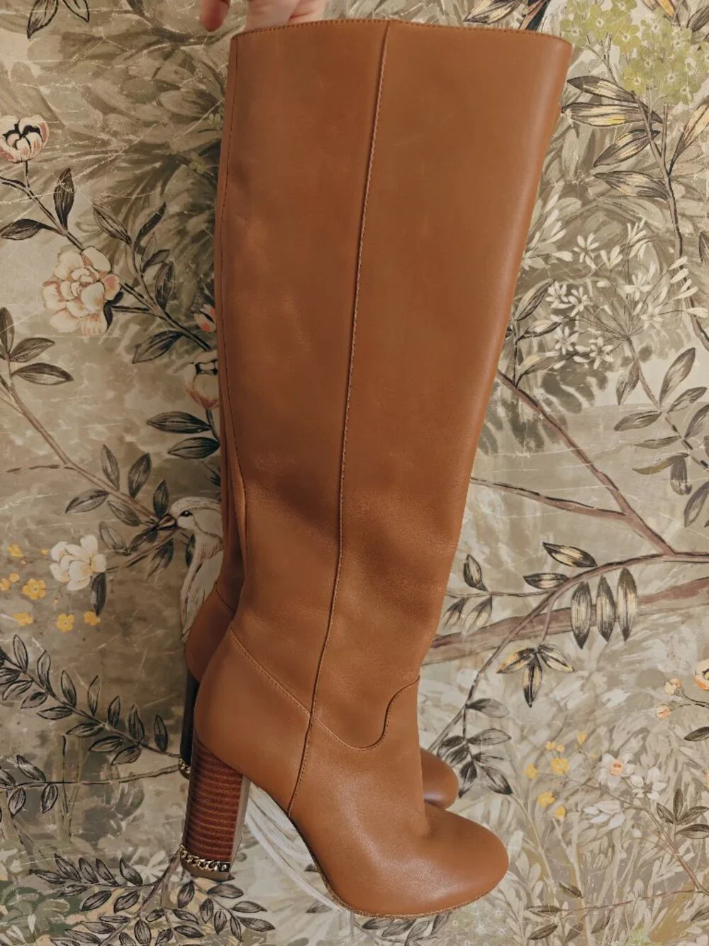 MICHAEL Michael Kors Sabrina Tan Leather Chain Heel Knee High Boots Sz 5.5